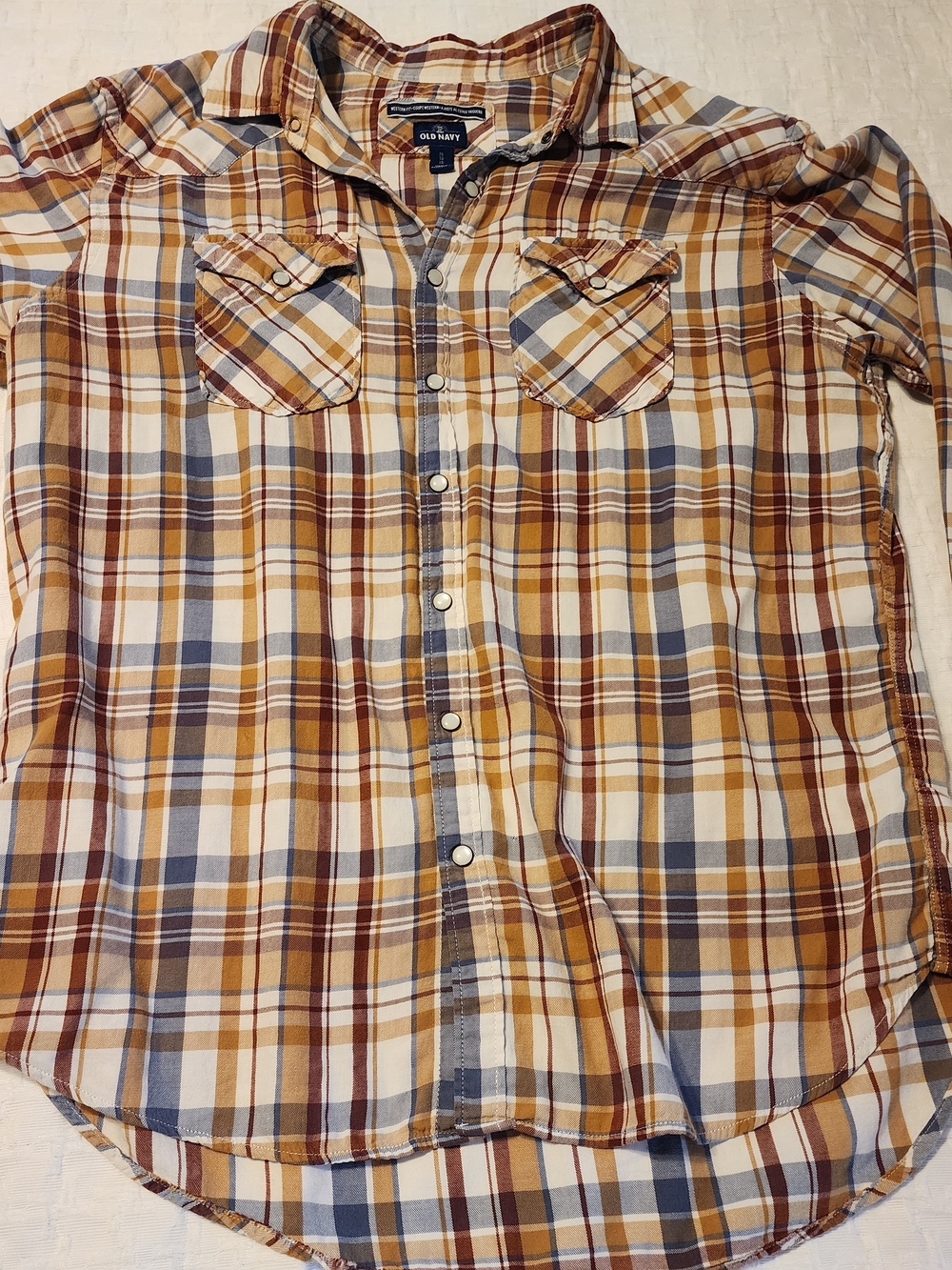 Old Navy Men's Plaid Button-Down Shirt in Yellow, Brown & Blue